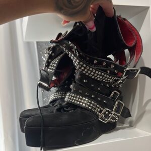 Jeffrey Campbell Black and Red Lace Up Boots with Studded Details